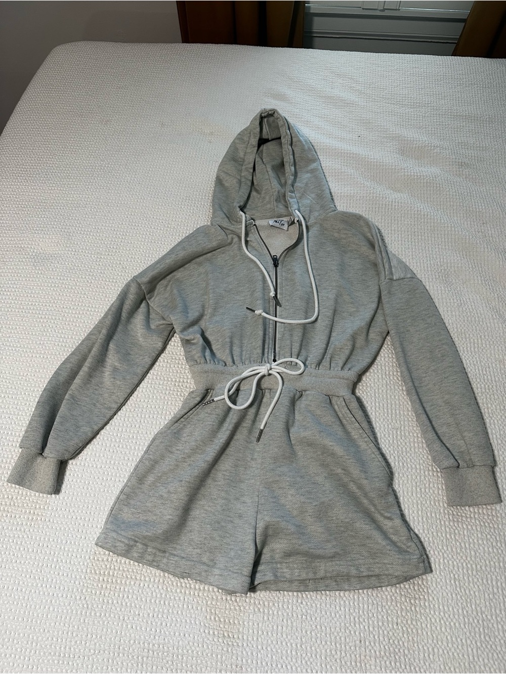 Princess Polly Gray Hooded Zip Romper with Drawstring Waist